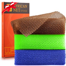 UJFQBH 3 Pieces African Bath Sponge African Net Long Net Bath Sponge Exfoliating Shower Body Scrubber Back Scrubber Skin Smoother,Great for Daily Use (Brown、Blue、Green)