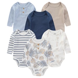 Ecojoy Baby Boys Girls Bodysuits Long Sleeve Sleepsuits Newborn Vests with Button 6 Pack Cotton 0-12 Months