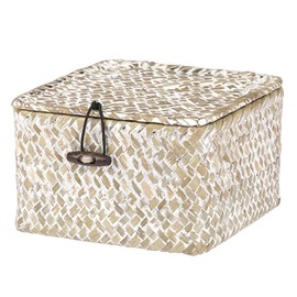 Hipiwe Wicker Shelf Baskets with Lid Handwoven Seagrass Storage Box Decorative Basket Bin Household Organizer Bin for Shelf Bathroom Coffee Table Decor Organizer (Whitewash, X-small)