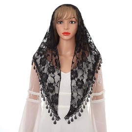 Ursumy Lace Mantilla Veil Triangle Lace Veil Catholic Church Veils Infinity Chapel Veil Tulle Scarf Head Covering Latin Mass (Black)