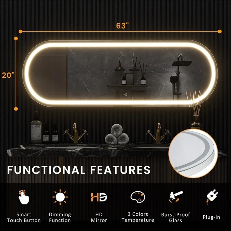 Unbranded 63x20 Inch LED Lighted White Framed Frameless Bathroom Vanity