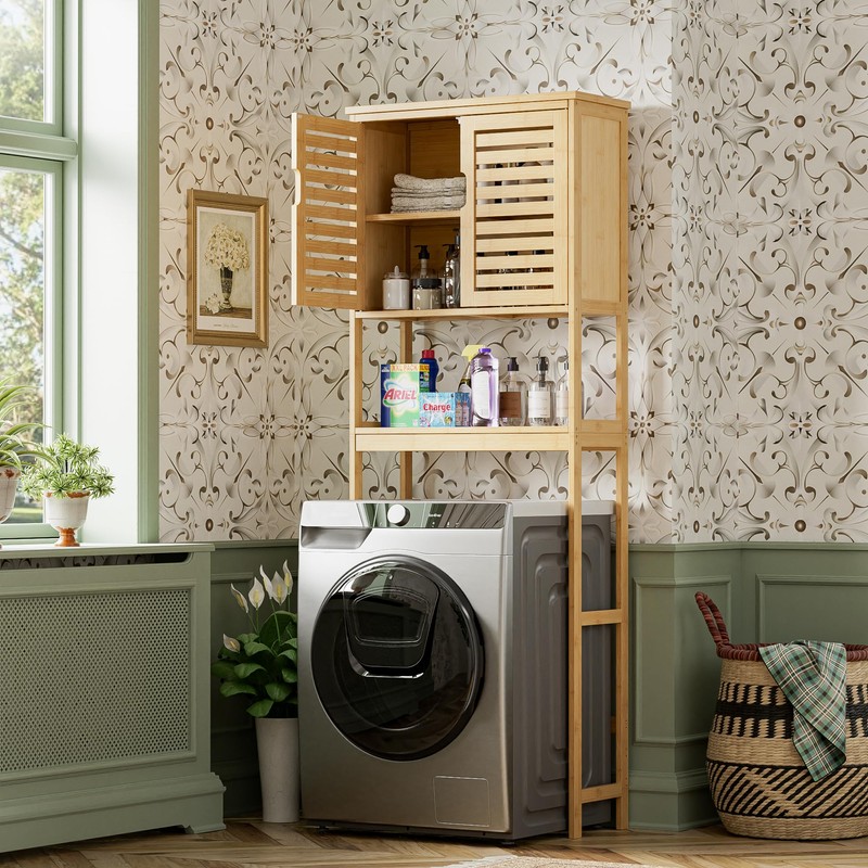 SMIBUY Bathroom Over The Toilet Storage Cabinet, 2 Door Bamboo