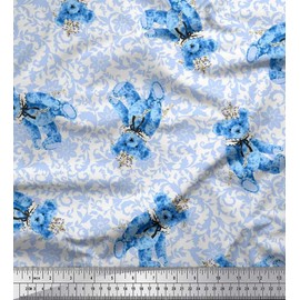 Soimoi Blue Velvet Fabric Leaves,Floral & Teddy Bear Kids Print Fabric by Yard 58 Inch Wide