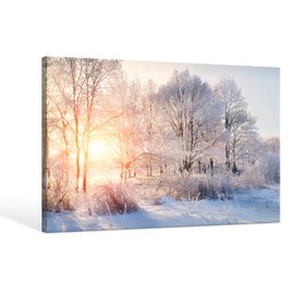 SEVEN WALL ARTS Winter Tree Canvas Wall Art Snow Covered Winter Forest Sunrise Sunset Modern Landscape Mountain Nature Wilderness Photography Print on Canvas for Kitchen and Living Room with Frame and Ready to Hang 36" x24"