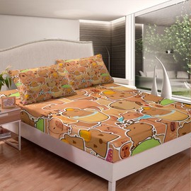 Capybara Sheet Set Queen Size Kids Gifts for Capybara Lovers Sheets with Deep Pocket Fitted Sheet for Boys Teens Capybara Animals Lovers Bed Sheets Set Orange Pattern Brown Bedding Set Room Decor