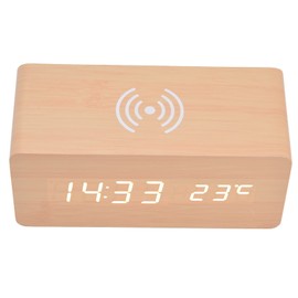 Clock Radios For Bedroom, Digital Alarm Clock with Wireless Charging Wooden Alarm Clock Wood Alarm Clock Automatic Temperature Detection LED Electronic Clock for Bedroom, Office