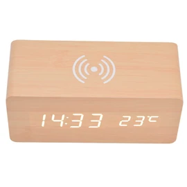 Clock Radios For Bedroom, Digital Alarm Clock with Wireless Charging Wooden Alarm Clock Wood Alarm Clock Automatic Temperature Detection LED Electronic Clock for Bedroom, Office