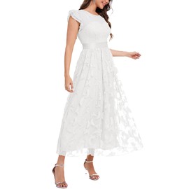 DEARMSROSE Women's Casual Tulle Midi Dress Ruffle Sleeve Crewneck Lace Flowy Dresses Party Wedding Guest Sundress（XL,White）