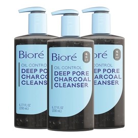 Biore Deep Pore Charcoal Face Wash, limpiador facial diario para eliminación de suciedad y maquillaje, para piel grasa, 6.77 onzas, paquete de 3