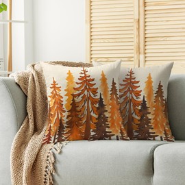 Fall Tree Pillow Covers 18X18 Set of 2, Autumn Burnt Orange Brown Colored Watercolor Forest Nature Theme Throw Pillowcases Seasonal Outdoor Rustic Farmhouse Cushion Cover Couch Sofa Bed Home Decor
