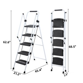 DEJUUAN Step Ladder 5 Step Folding with Non-Slip Feet 68" Folding Step Ladder 300 Lbs Load Capacity Sturdy Steel Closet Step Stool, White
