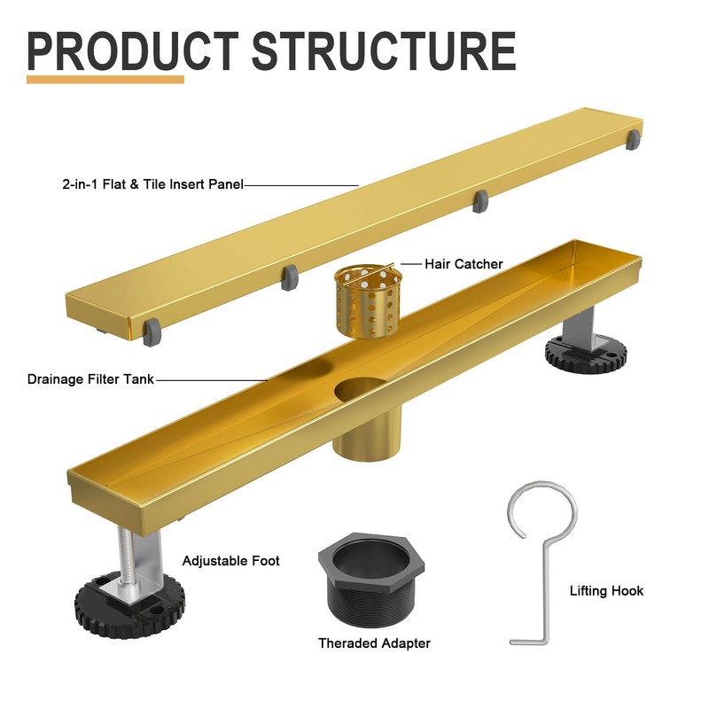 EBYTE Linear Shower Drain, 12 Inch Brushed Gold 304 Stainless