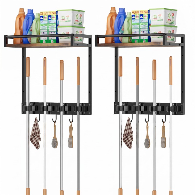 FLOUREE 2 Packs Broom Holder Wall Mount with Shelf Load