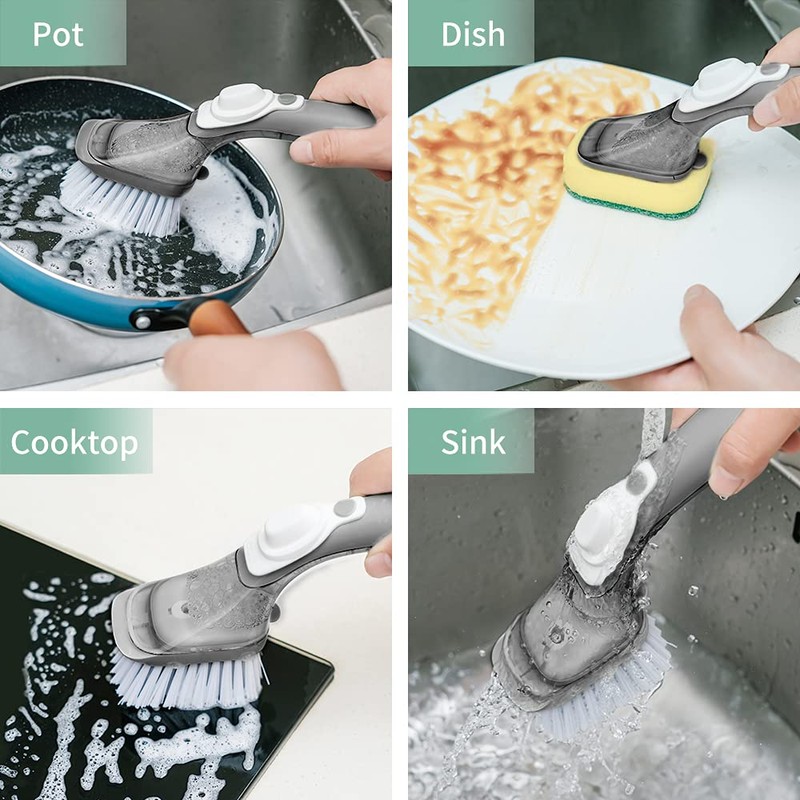CQT Soap Dispenser Washing Up Brush, Dish Scrubber with Handle,