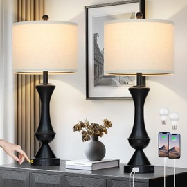 luxeflow 29" Black Tall Table Lamps for Living Room, Touch Control Bedroom Lamp with USB A+C Ports, 3-Way Dimmable Bedside Table Lamps Set of 2, Modern Metal Lamp for Nightstand