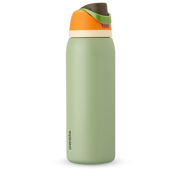 Owala FreeSip - Botella de agua aislada de acero inoxidable con popote para deportes y viajes, sin BPA, 40 onzas, naranja/verde (camuflaje frío)