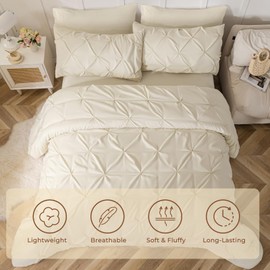 Sasttie King Size Comforter Set, 7-Piece Bed in a Bag, Pintuck Bedding Set for All Season, Includes Comforter, Flat Sheet, Fitted Sheet, Pillowcases and Pillowshams, Beige