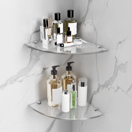 YTSAHSTT 2-Pack Glass Corner Shower Shelves, Clean Glass Shower Wall Shelf for Inside Shower, 5/16"(8mm) Tempered Glass, Fan-Shaped Shower Caddy Organizer for Wall Corner, Bathroom, Living Room