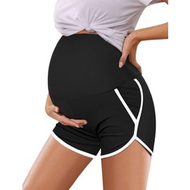 Peauty Summer Gray Maternity Shorts Active Plus Size Maternity Shorts Over The Belly with Pockets Pajamas Pregnancy Pants Maternity (Black and White Contrast XXL)