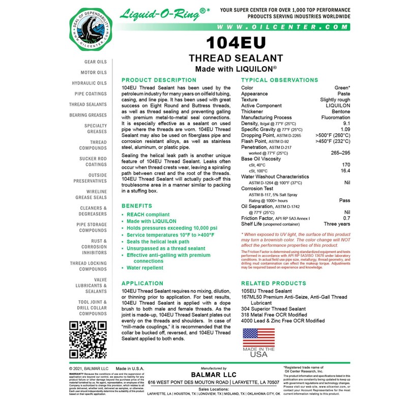 Liquid-O-Ring 104EU Thread Sealant for Large Threaded Connections – Safe