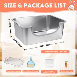 Essenhome Large Stainless Steel Rabbit Litter Box with Handle - Low Entry Bunny Litter Box for Adult Guinea Pigs, Chinchillas - Includes Pee Pads, Cleaning Set & Chew Toys (15.7" x 11.8" x 5.9")