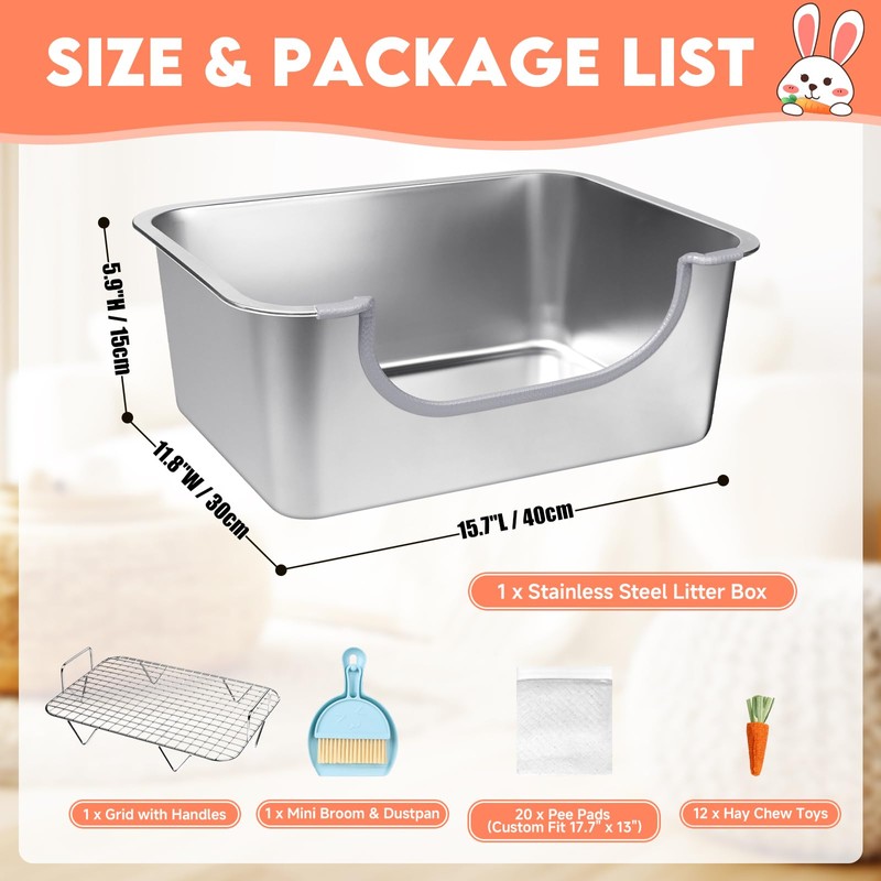 Essenhome Large Stainless Steel Rabbit Litter Box with Handle -