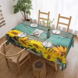 HEROARMOUR Rectangle Sunflower Teal Wood Tablecloth Washable Sunflowers Table Cover Table Cloth for Party Picnic Dinner Outdoors Home Decor 54x72Inches