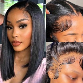 Nikiss Bob Wig Human Hair 13x6 Frontal Lace Wig Short Straight Bob Human Hair Wigs for Black Women 200 Density Pre Plucked with Baby Hair Natural Color 16 Inch