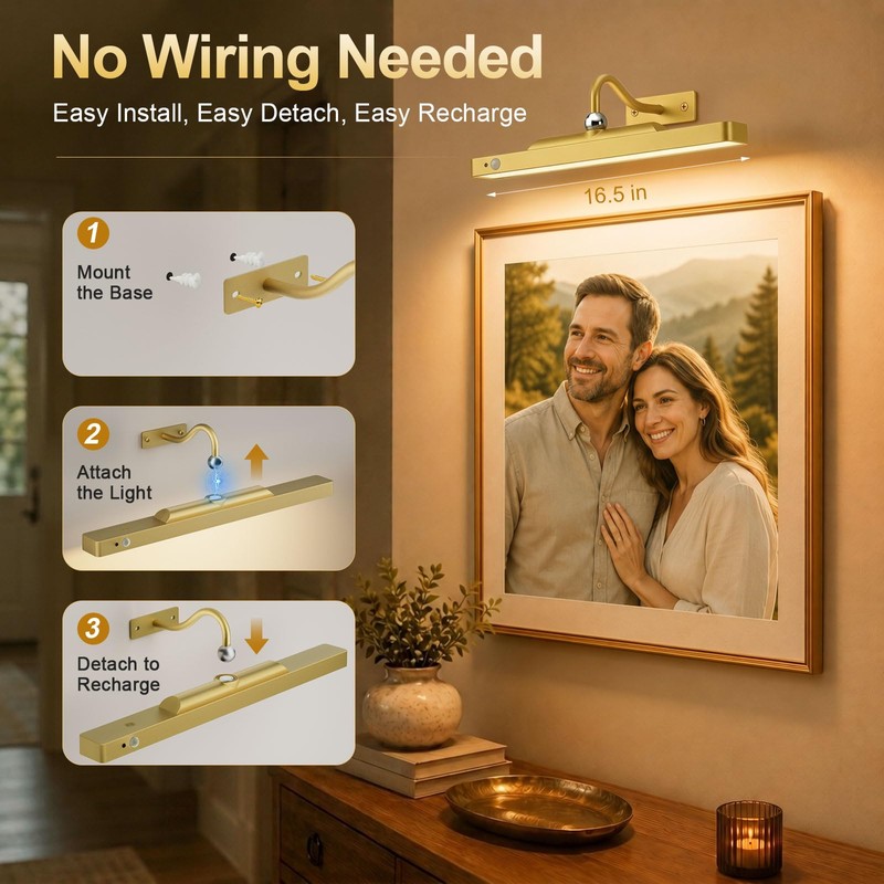TANBABY Rechargeable Picture Light for Wall, Motion Sensor, Gold, 1