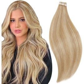 RUNATURE Blonde Human Hair Tape in Extensions Straight Tape in Hair Extensions Human Hair Golden Blonde highlight Platinum Blonde Hair Extensions Tape in Real Human Hair Silky 12 Inch 30g 20pcs
