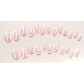 24PCS with Nail Glue Press On Nails, Stick On Nails for Women Girls, Short Long Almond Square Ballet Shape Fake Nails (White Wave)