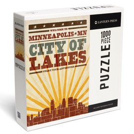 Lantern Press Minneapolis, Minnesota, Skyline and Sunburst Screenprint Style 1000 Piece Jigsaw Puzzle for Adults, Made in USA with Reference Poster