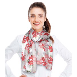 CBC Crown Christmas Scarf - Christmas Theme Candycane, Poinsettia Scarf Accessories, 13" x 60" Inches, Made In Korea (Poinsettia-Silver)