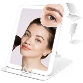 Mocado Travel Makeup Mirror with Light, Tripple Folding Vanity Mirror with Lights, 3 Colors Lighted Makeup Mirror, 1500mAh Rechargeable, Memory Function, Freely Adjust Height and Angle(White)