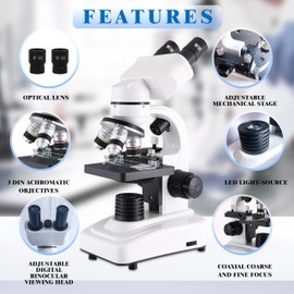 Levhorzn Binocular Microscope for Adults Kids Students, 64X-6000X Microscopes, 3 Objective Lens, Metal-Body Dual LED Illumination, Biological Compound Microscope Kit for School Lab, Homeschool