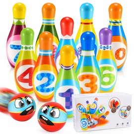 HOVIBU Bowling Set Children, 12 Pieces Skittles Game for Children with 10 Cones and 2 Balls, Mini Bowling Ball Set for Home, Montessori Boys Girls, Can Throwing Toy from 3 Years