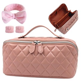 Cuteseason Makeup Bag, Travel Toiletry Bag for Women, Large Capacity Waterproof Rhombus Stitching Pattern PU Leather Cosmetic Bags Make Up Organizer Bags with Headband and Wristband Set (Pink)