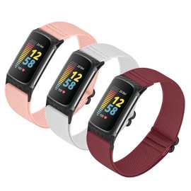 HUYIIO 3 Pack Adjustable Elastic Watch Strap Compatible with Charge 5/Charge 6, Soft Breathable Nylon Sport Band, Stretchy Replacement Strap for Women and Men, No Gemstone