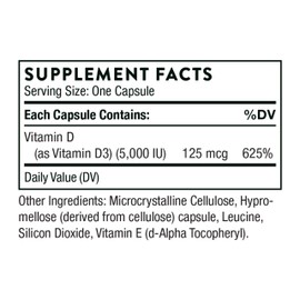 THORNE - Vitamin D-5000 - Vitamin D3 Supplement - Support Healthy Bones, Teeth, Muscles, Cardiovascular, and Immune Function* - NSF Certified for Sport - Dairy-Free, Soy-Free - 60 Capsules