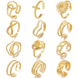 Hifot Open Knuckle Rings Set for Women Girls Vintage Gold Rings Boho Stackable Midi Rings Sun Infinity Cross Heart Finger Rings for Birthday Parties Proms Pack of 12, No Gemstone