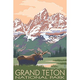 Grand Teton National Park, Wyoming - Moose and Mountains (24x36 Giclee Gallery Print, Wall Decor Travel Poster)
