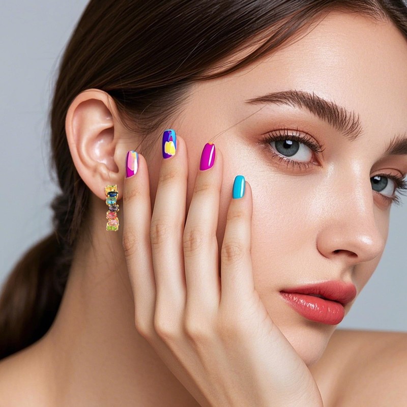 Colorful Crystal Cubic Zirconia Earrings for Women Rainbow Chunky Half