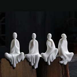 Kingzhuo A Collection of 4 White Ceramic Cute Sitting Buddha Statues Beautiful Sculpture Meditation Monk Figurines Peaceful Little Statue Home Decor Ornaments Delicate Crafts 4'' Inch Tall (4)