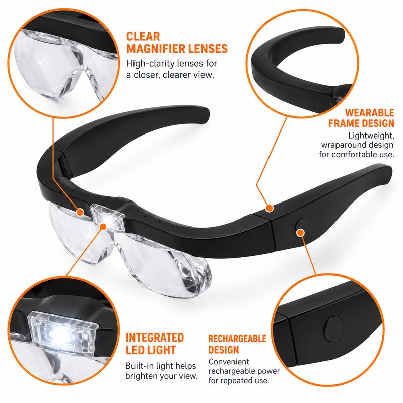 Rechargeable LED Magnifying Glasses for Detail Work – 1.5X–5X Interchangeable