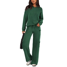 PRETTYGARDEN Women's 2 Piece Lounge Sets 2025 Fall Knitted Hoodie Pullover Tops Cargo Pants Matching Outfits Tracksuits (Green,Small)