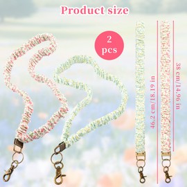 2 Pack Floral Print Scrunchie Lanyards for ID Badges and Keys - Cottagecore Style Pink and Green Retractable Keychain Necklace with Clip for Teachers, Nurses, School, Office Use, Stretchy Adjustable