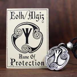 Algiz Eolh Rune of Protection Pendant Necklace - Pewter Norse Viking Amulet