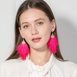 Vine Gems Fringe Feather Earrings for Women - Boho Tassel Jewellery - Magneta Pink
