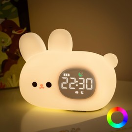 Bunny Alarm Clock with Night Light for Kids with Sleep Training and Sound Machine, Rechargeable Silicone Lamp OK to Wake Clock，Cute Animal Tabletop Lamp, Perfect Sleep Companion for Boys Girls