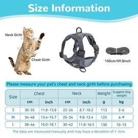 Cat Harness and Lead Set, Adjustable Kitten Harness and Lead Set with Reflective Strips Escape-Proof, Cat Vest Harness with Leash Sets for Cats Dogs Pets Walking (Grey, M)